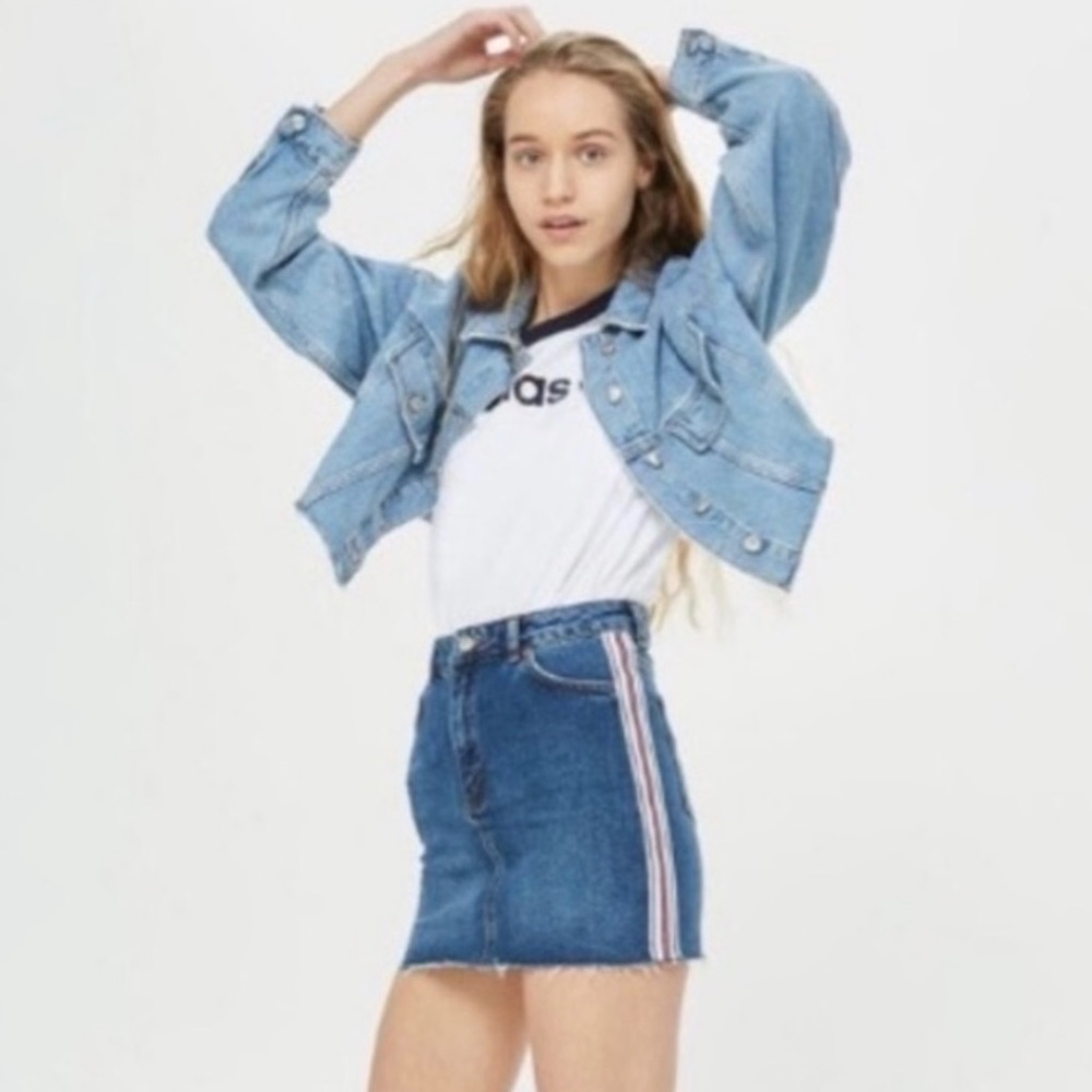 TOPSHOP | Side‎ Ribbon Stripe Denim Mini Skirt with Raw Hem Sz. 10